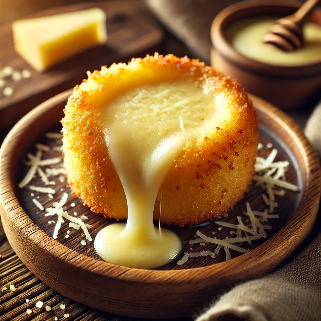 DALL·E 2025-02-10 15.27.03 – A natural and appetizing image of a parmesan fondue bite, crispy and golden on the outside, with melted cheese slightly oozing out. Served casually on
