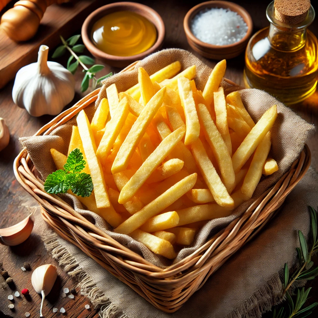 DALL·E 2025-02-10 16.36.36 – A natural and colorful photo of a serving of crispy golden fries, freshly fried and lightly salted, presented in a rustic basket or on a wooden board