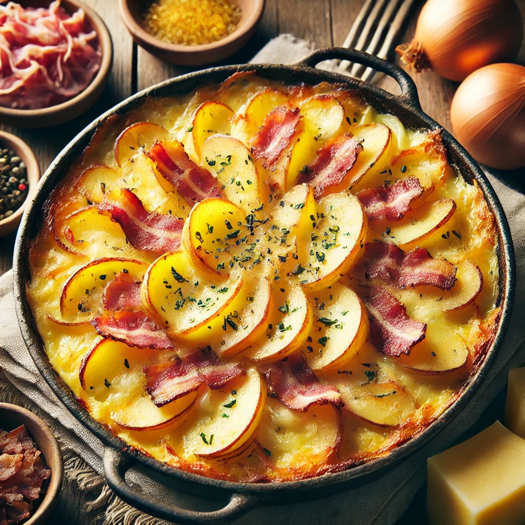 DALL·E 2025-02-10 16.37.54 – A natural and colorful photo of a traditional tartiflette with a focus on melted reblochon cheese over layers of sliced potatoes and onions. The dish