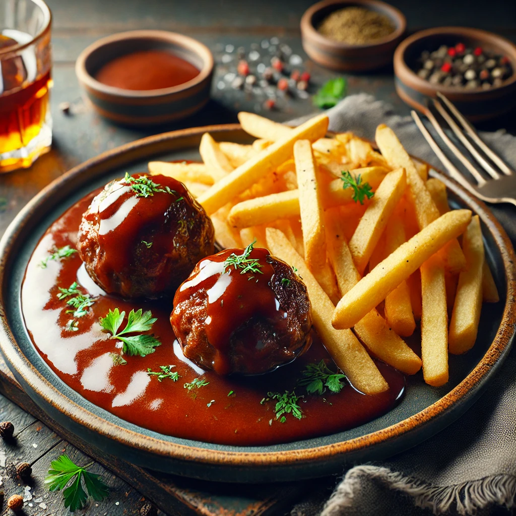 DALL·E 2025-02-10 16.43.51 – A natural and colorful food photo inspired by Belgian boulets à la liégeoise with golden fries. The dish includes two large meatballs in a rich, gloss