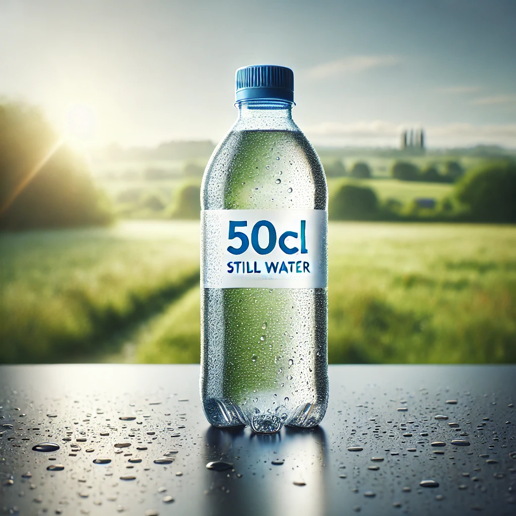DALL·E 2025-02-10 18.04.41 – A visually appealing and natural photo of a 50cl bottle of still water, made of transparent plastic with a stylish blue cap. The bottle is placed on a