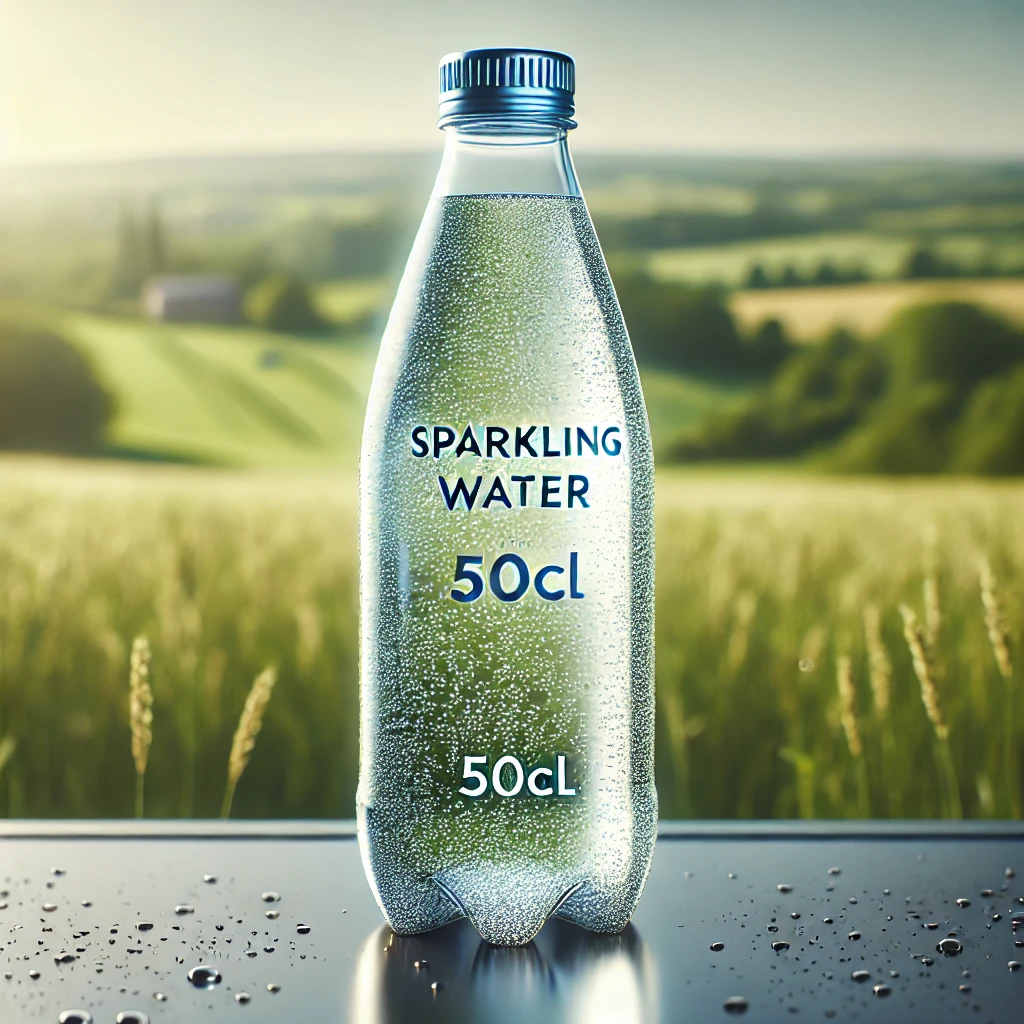 DALL·E 2025-02-10 18.05.00 – A visually appealing and natural photo of a 50cl bottle of sparkling water, made of transparent plastic with a stylish blue cap. The bottle is placed