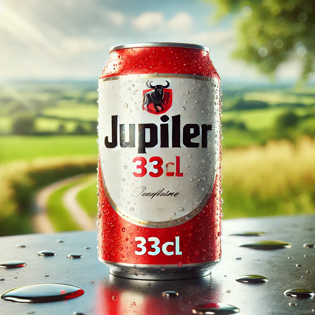 DALL·E 2025-02-10 18.09.15 – A visually appealing and natural photo of a 33cl Jupiler beer can, featuring its iconic red and white design with the black bull logo. The can is plac